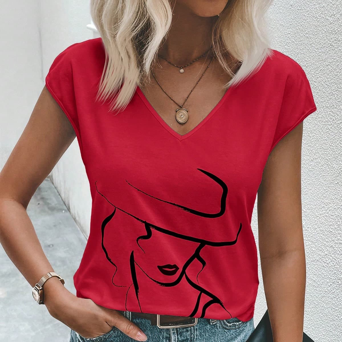 T-shirt d'Ã©tÃ© dÃ©contractÃ© pour femmes, col en V, Ã manches courtes avec impression de personnage
