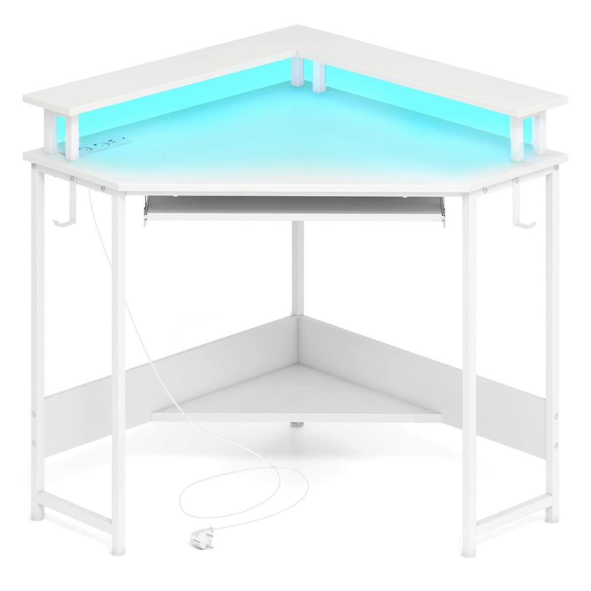 CostwayBureau d'angle avec Station de Charge Bureau de Jeu avec Led Plateau pour Clavier et Support pour Écran Bureau d'ordinateur Blanc