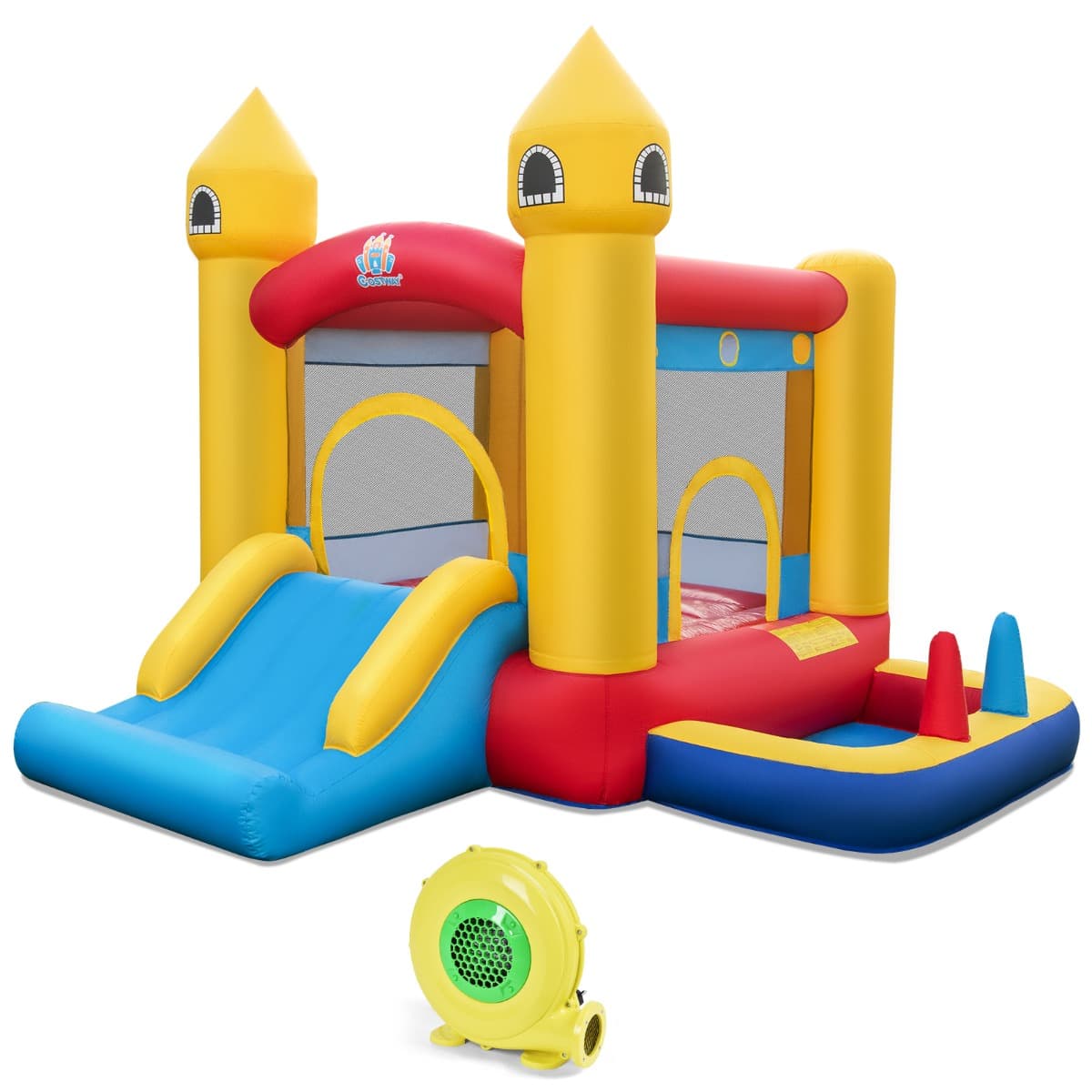 CostwayChâteau Gonflable 6 en 1 Enfants avec Souffleur 480W Maison de Saut Gonflable en Tissu Oxford avec Piscine à Balles Panier de Basket Toboggan