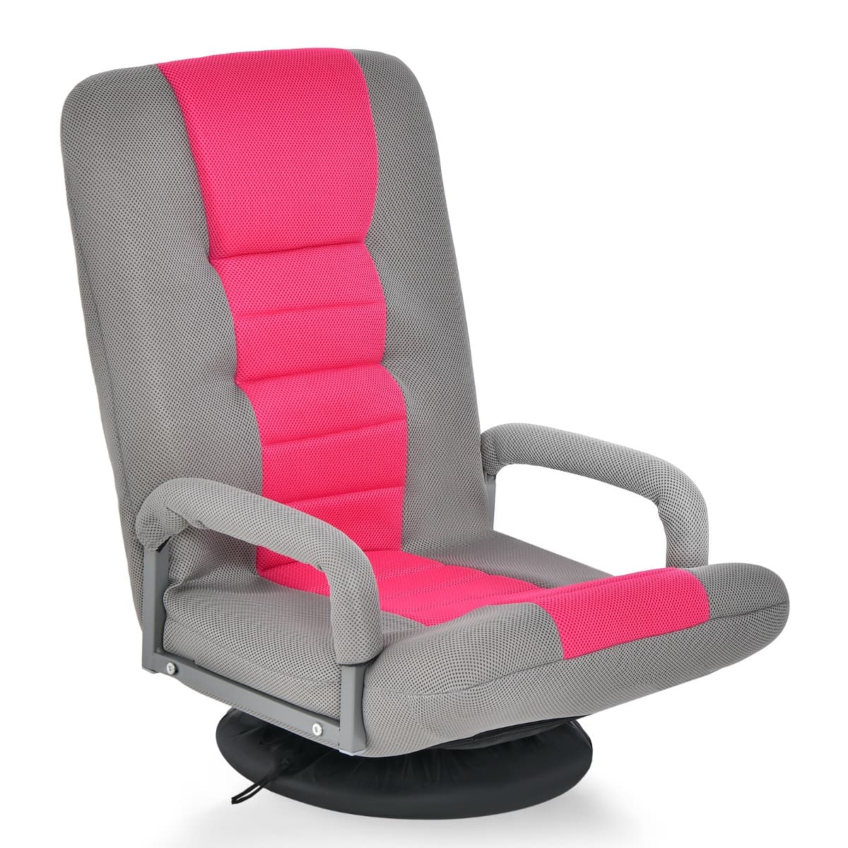 CostwayFauteuil Pliable de Sol avec Accoudoirs Dossier Réglable sur 5+2 Positions et Base Pivotante à 360° Cadre en Fer Robuste 6 Couleurs Rose