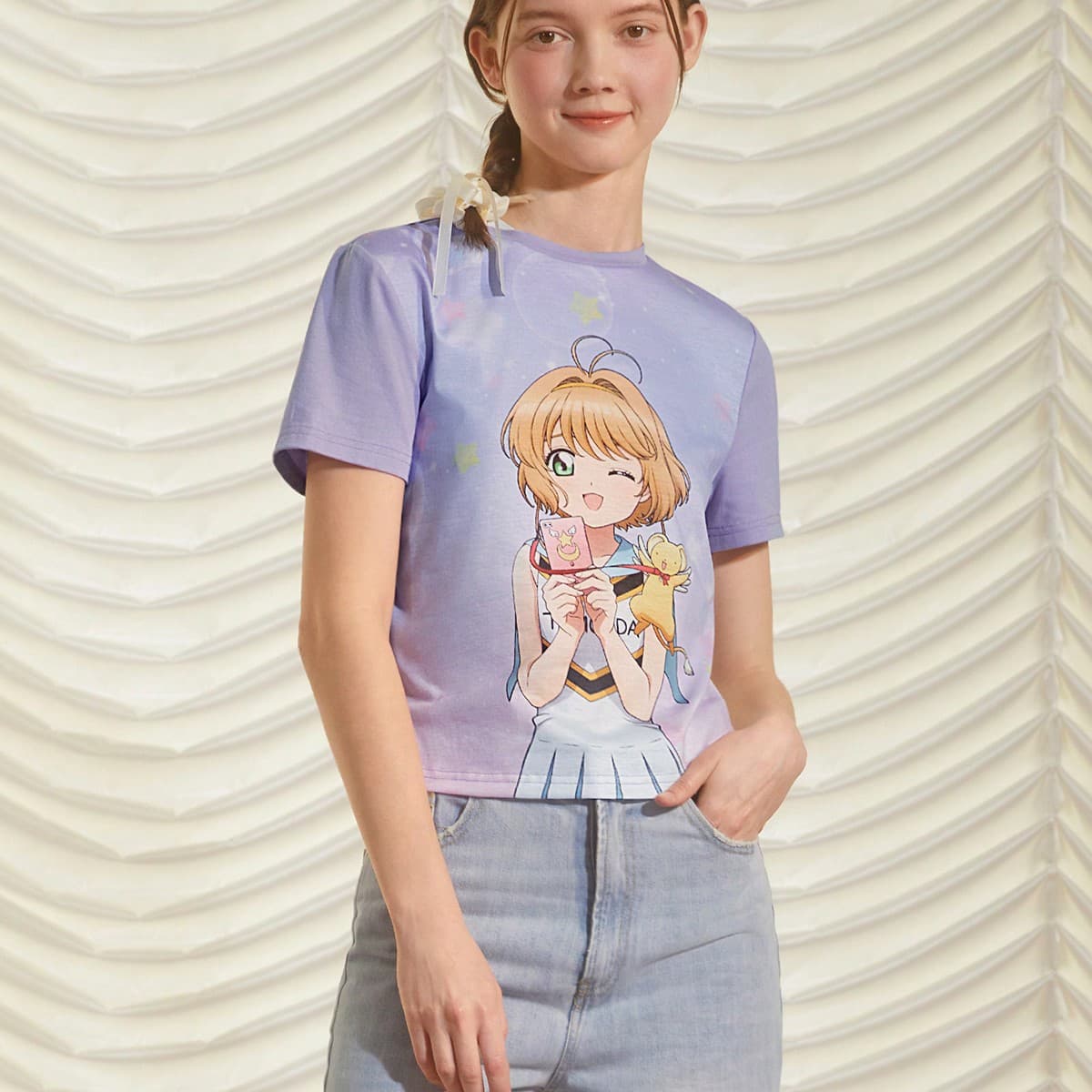 T-shirt d"été décontracté à manches courtes pour femme avec impression de personnage d"anime en dégradé de couleur