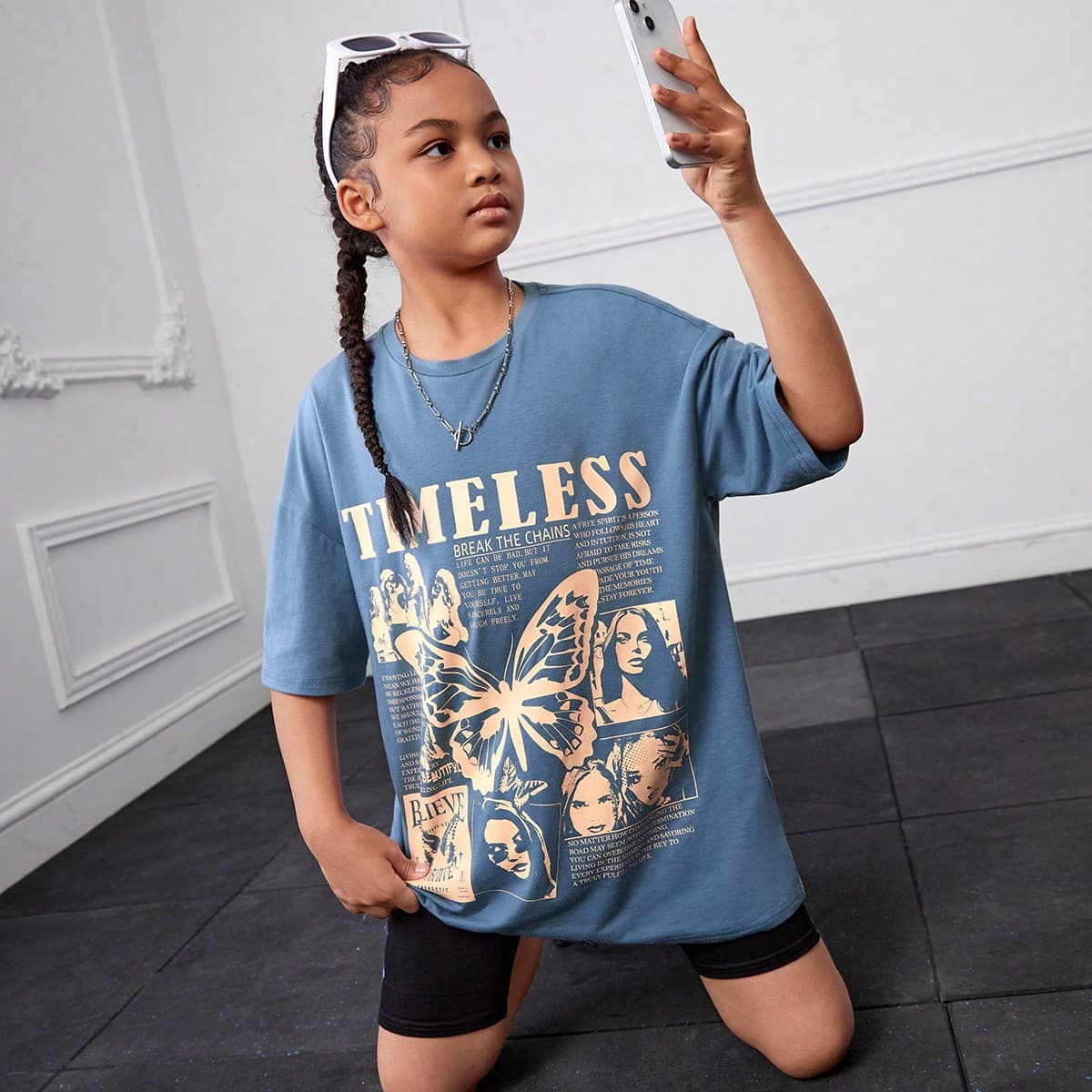 T-shirt D'été Décontracté À Manches Courtes Et Amples Pour Les Filles Entre 8 Et 14 Ans, Impression De Slogan De Personnage Et Encolure Ronde