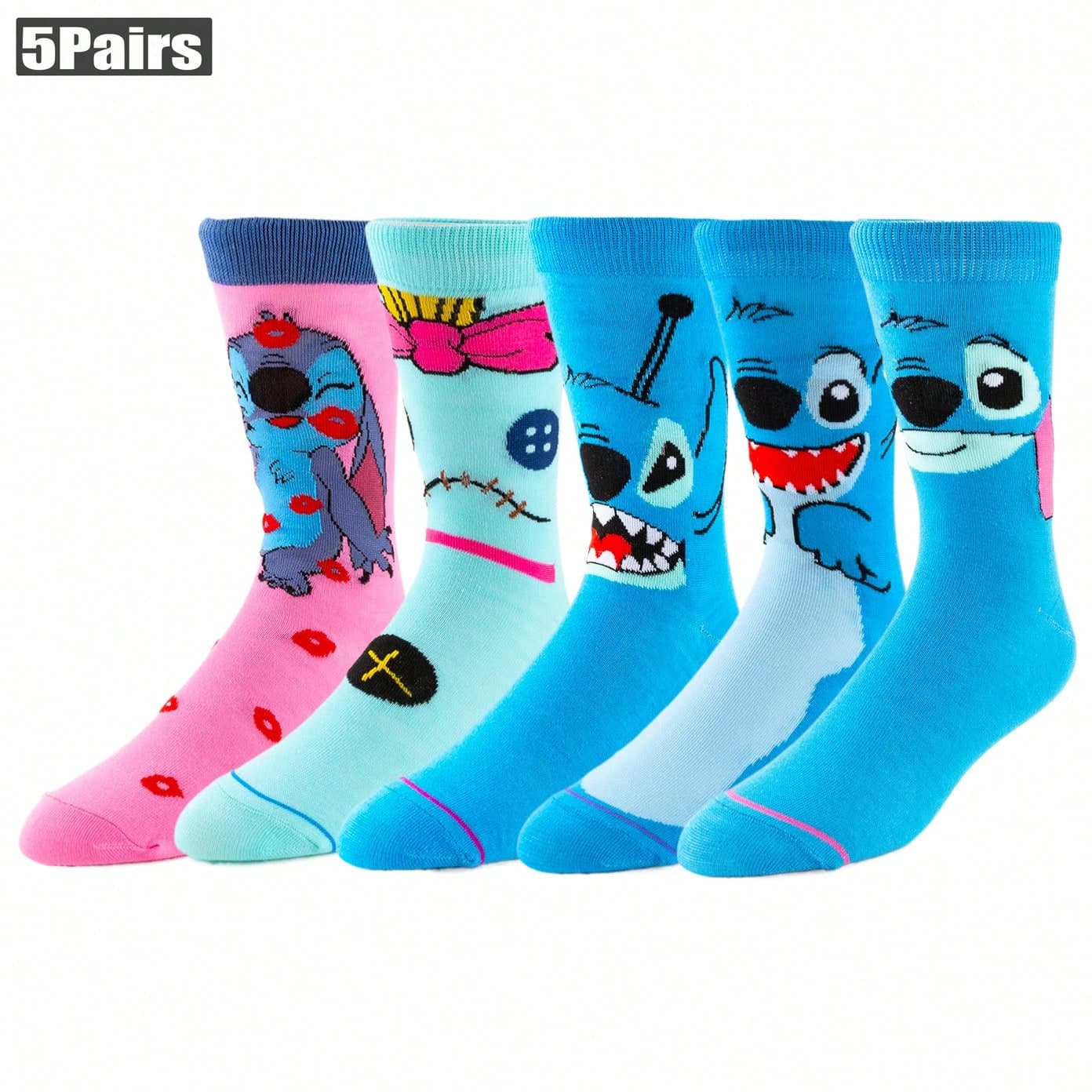 5 paires de chaussettes pour hommes et femmes, chaussettes de dessin animé anime gamers, Donald Duck, Lilo Stitch, Winnie Pooh