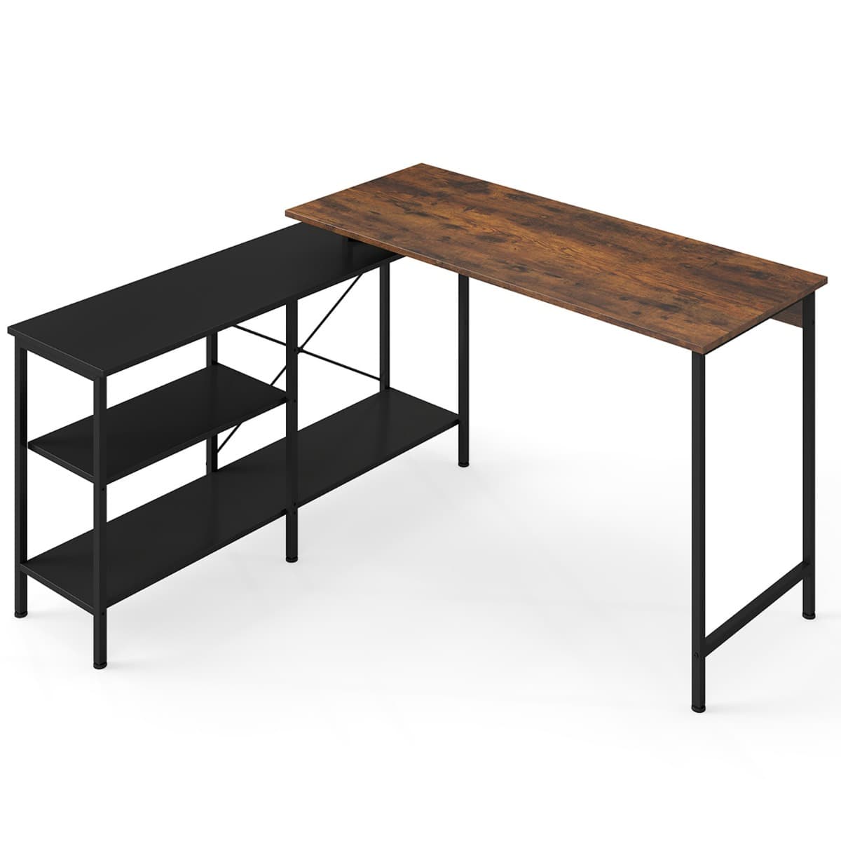 CostwayBureau Gaming d’Angle Réversible Grand Bureau en L 135 x 120 cm avec Étagères de Rangement Cadre Métallique Table Gamer Brun Rustique