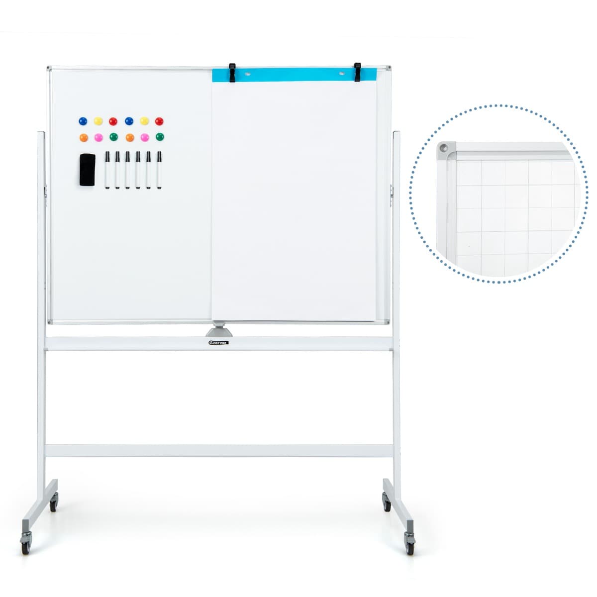 Tableau Blanc Mobile Magnétique Double Face Quadrillé, 120x90cm Tableau Réversible Effaçable à Sec 2