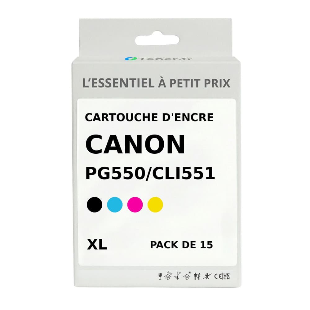 Pack de 15 cartouches d'encre compatibles Canon PGI550/CLI551 XL Noir et couleurs