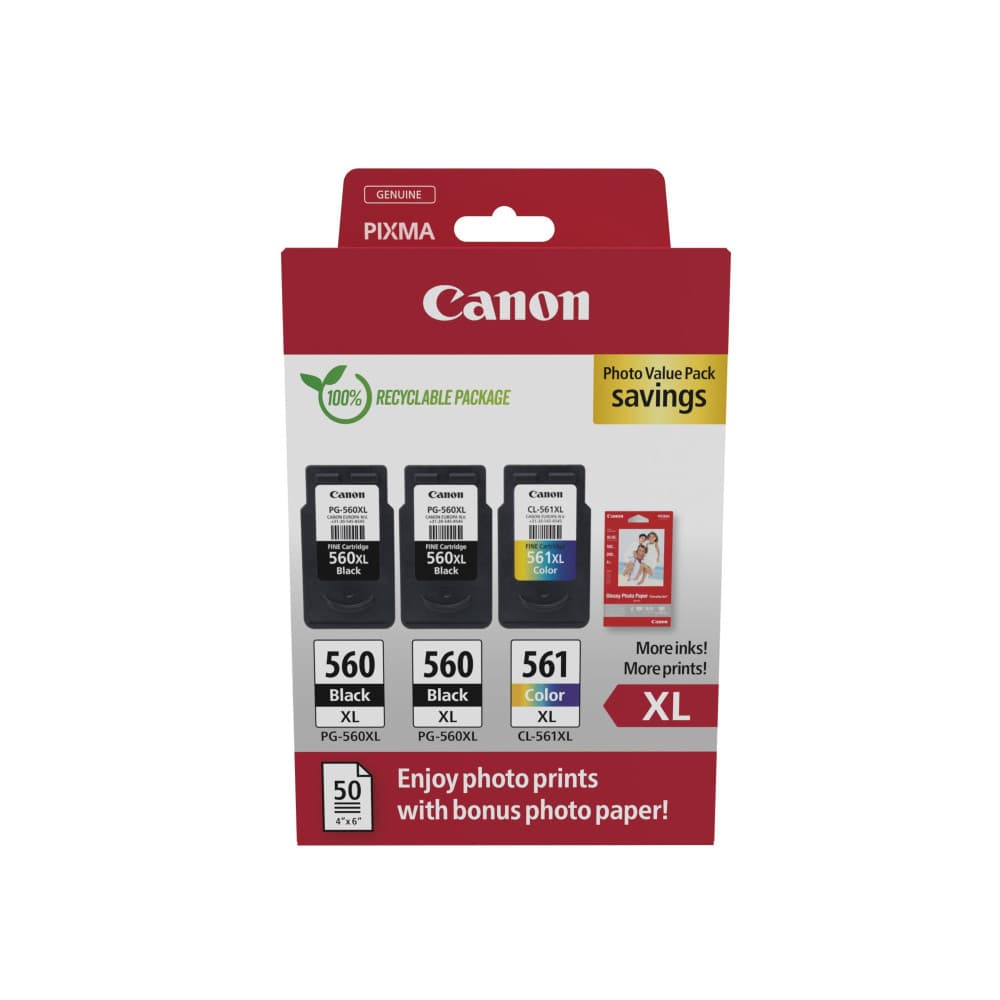 Pack de 3 cartouches d'encre + 50 Papier photo 3712C012 Noir et couleurs marque Canon